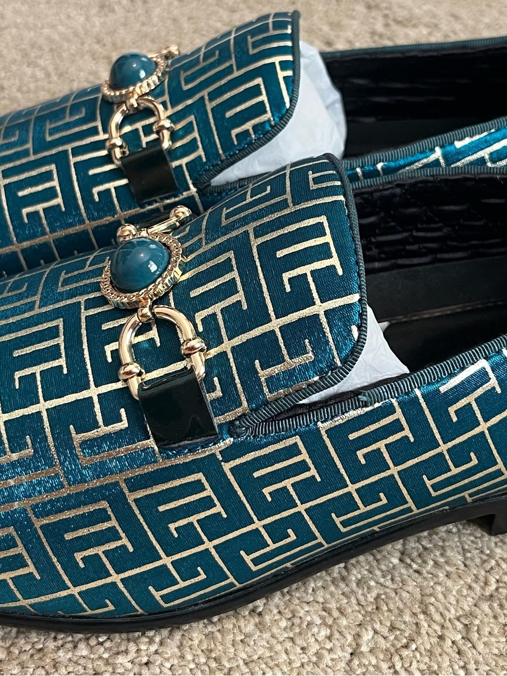 Teal Patterned Loafers with Gold Chain Accent - Picture 6 of 7